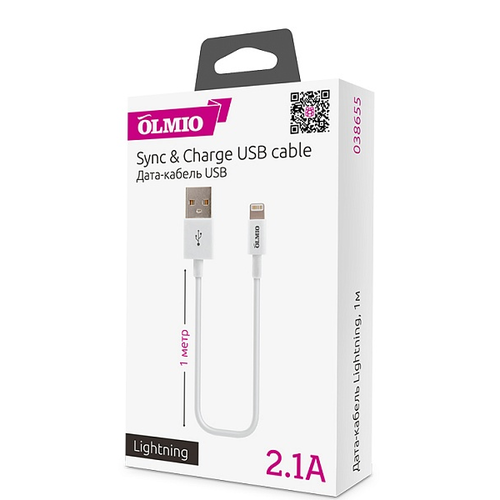 USB кабель OLMIO USB 2.0 - lightning 1m White фото 